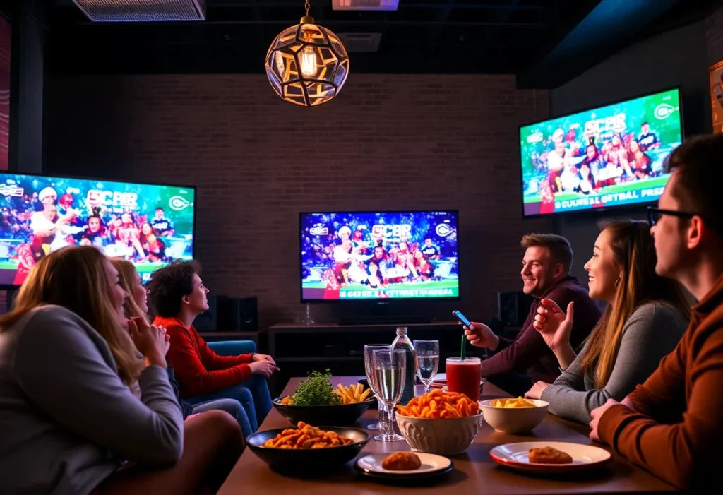 Friends enjoying a Super Bowl gathering with various advertisements displayed on the screen.