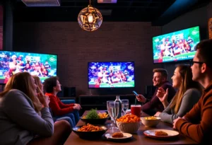 Friends enjoying a Super Bowl gathering with various advertisements displayed on the screen.