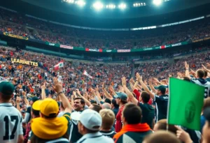 Fans cheering at Super Bowl LX in a packed stadium