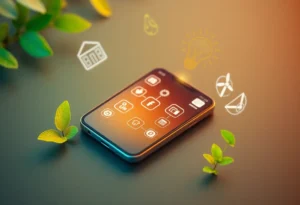 Abstract representation of sustainable AI technology featuring a smartphone surrounded by energy efficiency symbols and greenery.