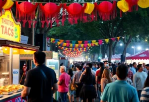 Crowd enjoying the Tacos & Tequila Festival with live music and food stalls.