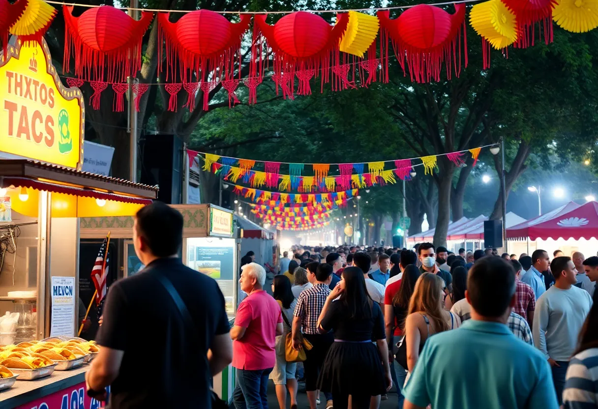 Crowd enjoying the Tacos & Tequila Festival with live music and food stalls.