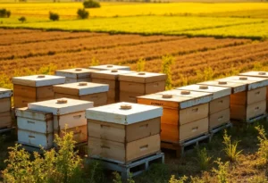 A picturesque Texas farm with beehives, representing agricultural sustainability.