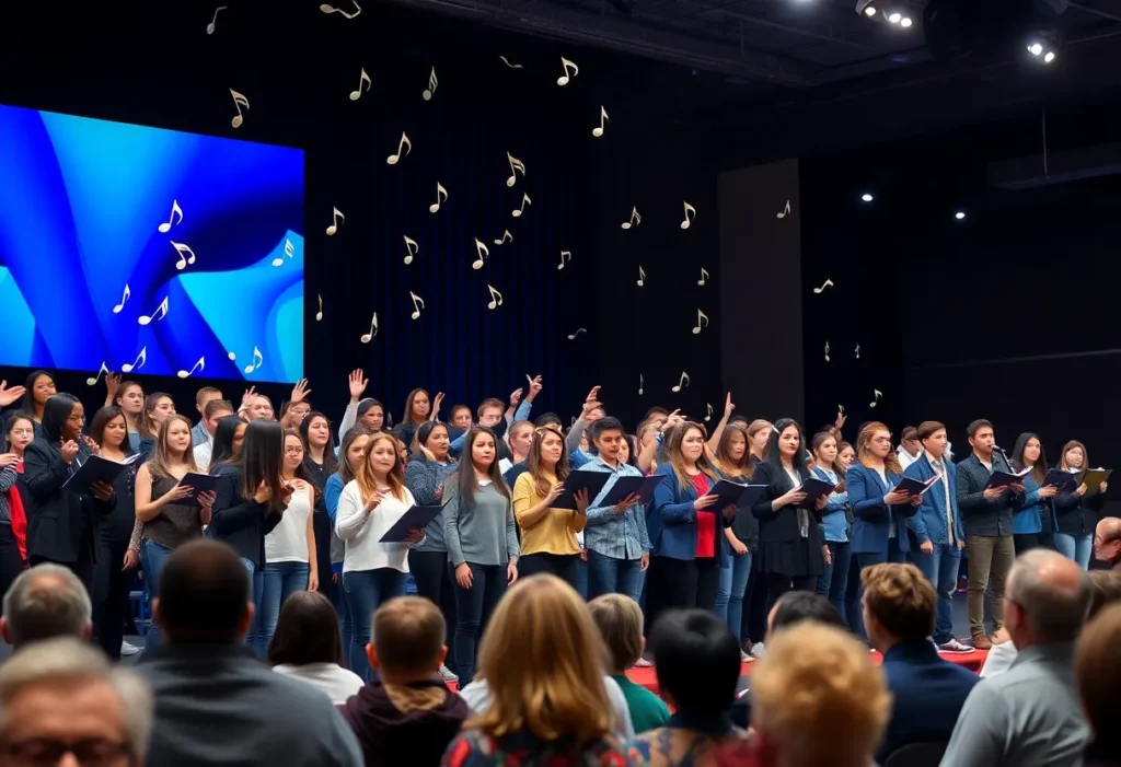High school students performing in a choir at a convention center
