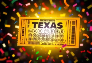 A glowing lottery ticket surrounded by confetti, representing the excitement of winning the Texas Lottery.