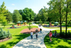 Community enjoying a vibrant local park with playgrounds and trails