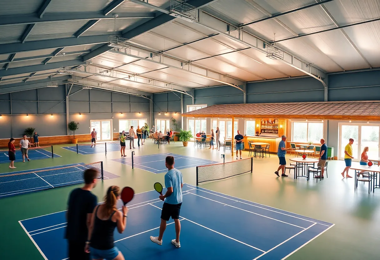 Interior view of Texas Pickle Hall with pickleball courts and patio