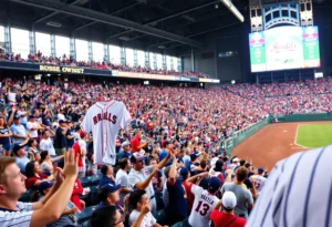 Fans at Globe Life Field receiving Texas Rangers jerseys during a special giveaway event.