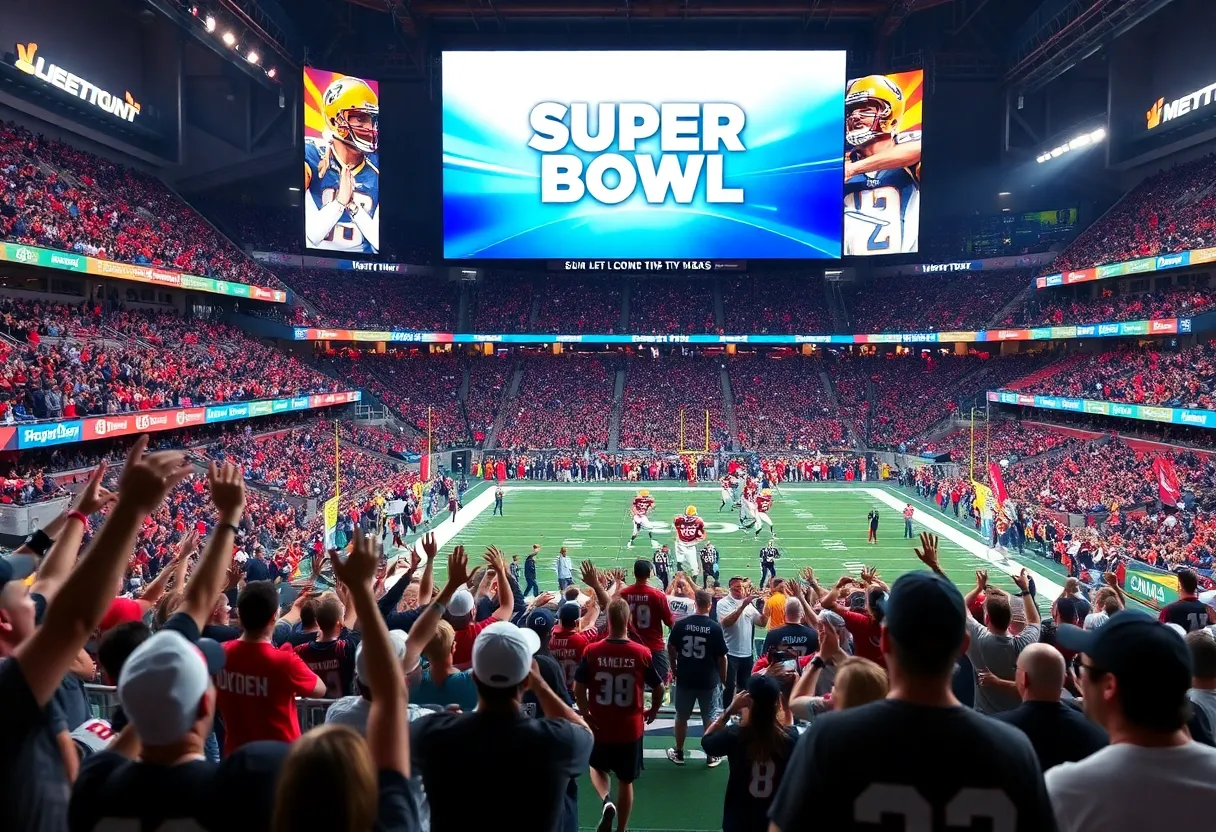 A scene from the Super Bowl showcasing advertisements including legal services.