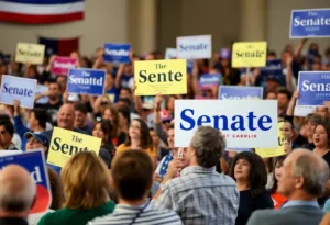 A political rally in Texas with people holding signs representing different candidates.