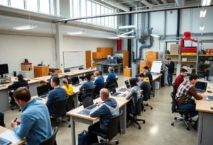 Exterior view of the UTI San Antonio campus with students in front