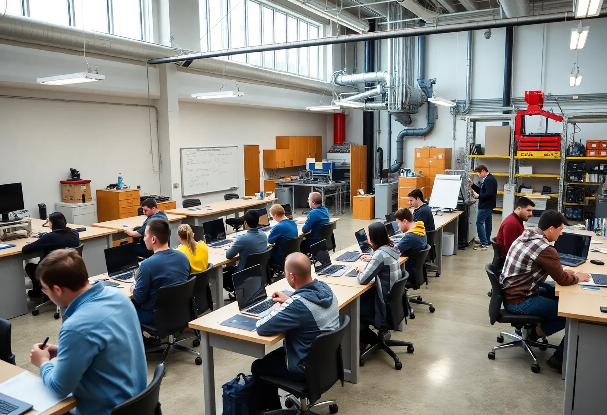 Exterior view of the UTI San Antonio campus with students in front