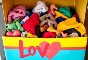 Donation box with hearts promoting the Valentine's Day donation drive.