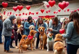Heartwarming interaction of people and pets at a Valentine's Day adoption event in San Antonio.