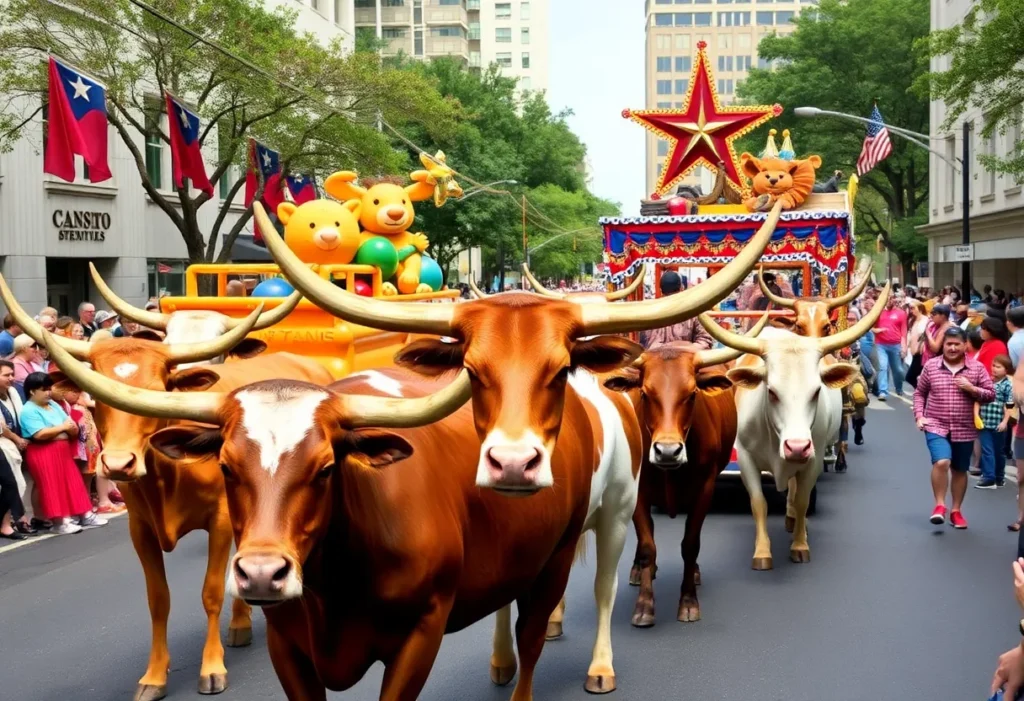 Texas Longhorns and parade float at Western Heritage Parade in San Antonio